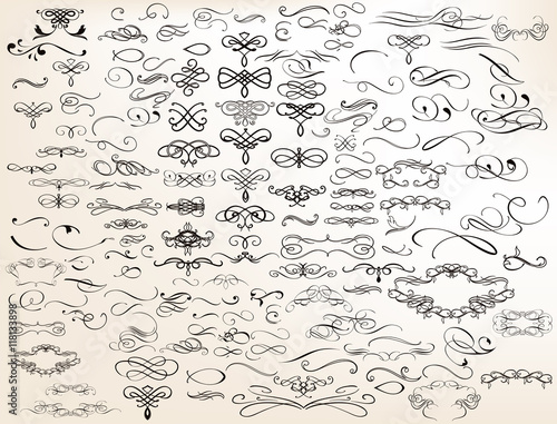 Collection of vector hand drawn flourishes in engraved style. Me photo