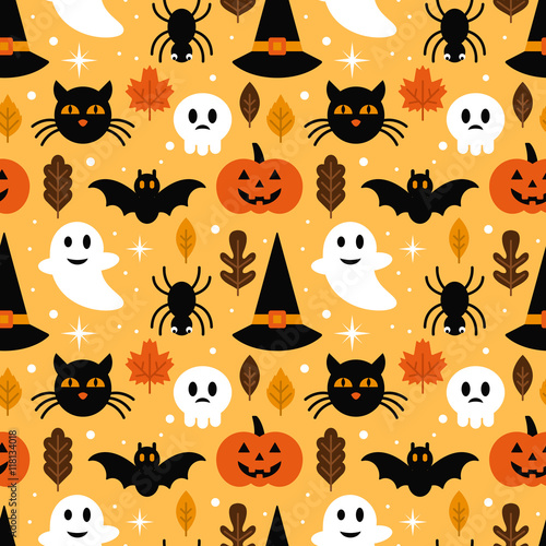 Halloween seamless pattern design with ghost, skull, pumpkin and