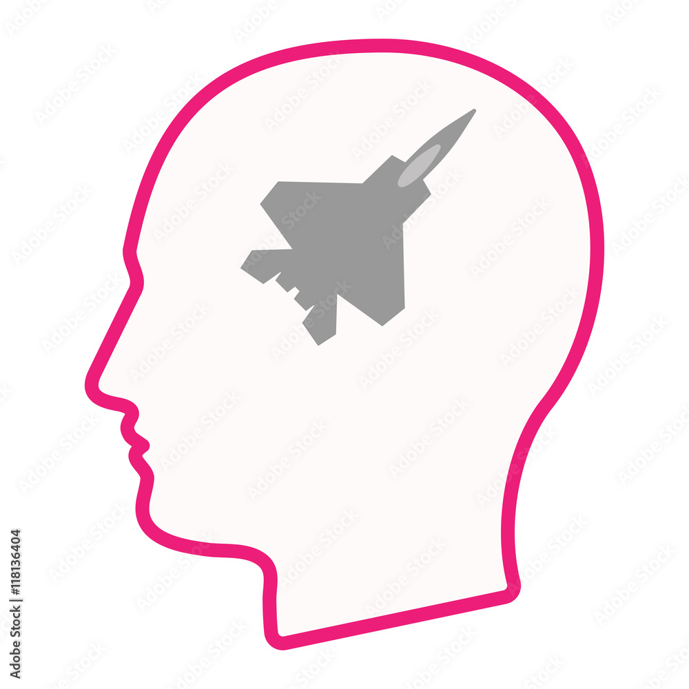 Isolated male head silhouette icon with a combat plane Isolated male head silhouette icon with a combat plane