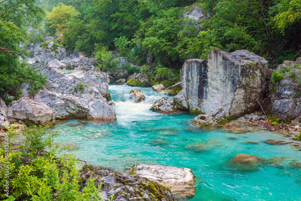 Beautiful turquoise river in the Triglav National Park in Slovenia Beautiful turquoise river in the Triglav National Park in Slovenia