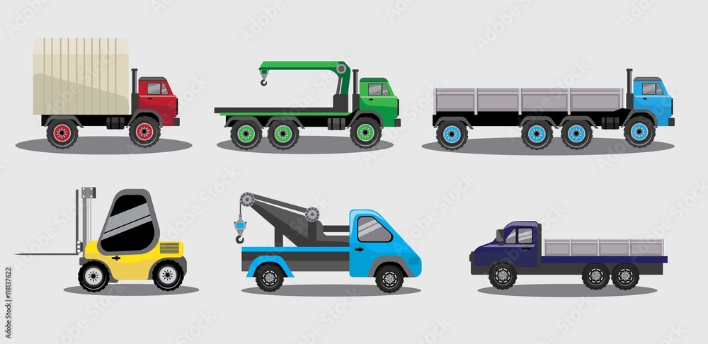 Industrial freight vehicles vector image design set for your illustration, decoration, labels, stickers and other creative needs.