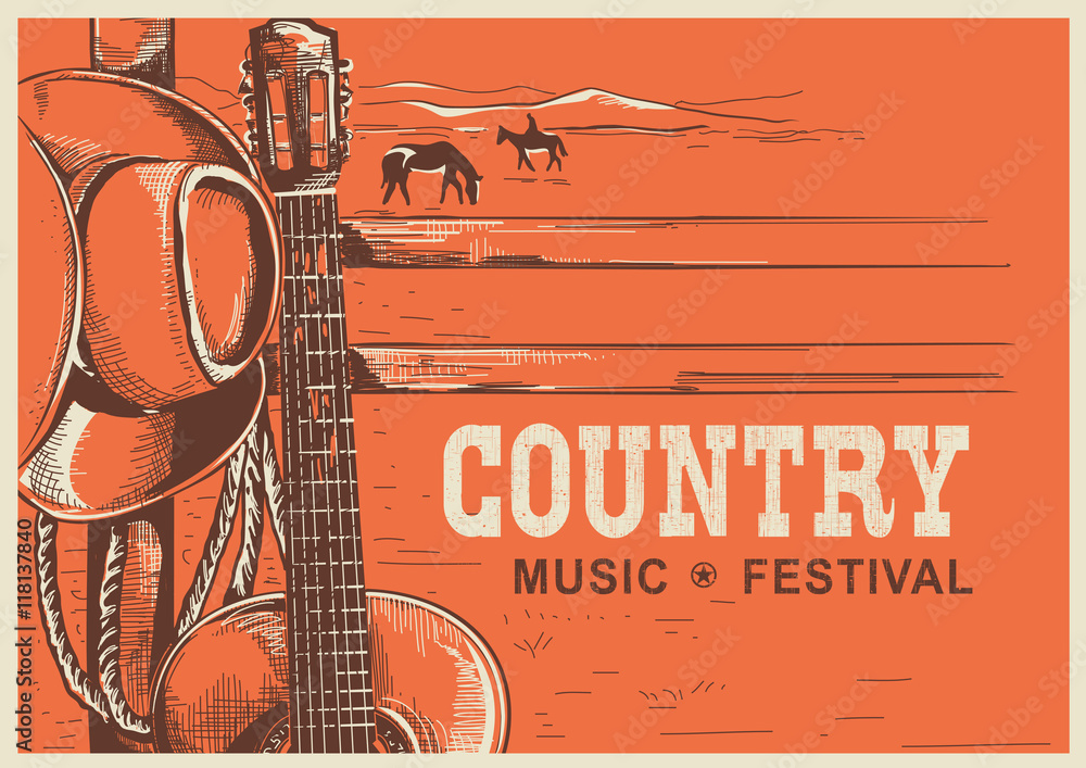 Fototapeta premium American country music poster with cowboy hat and guitar