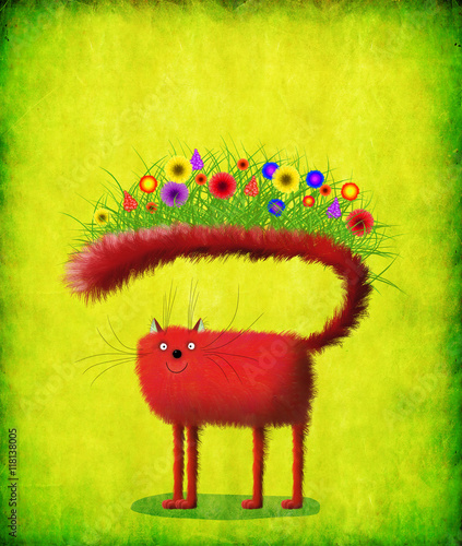 Fototapeta Naklejka Na Ścianę i Meble -  Red Cat With Flowers Growing On Tail