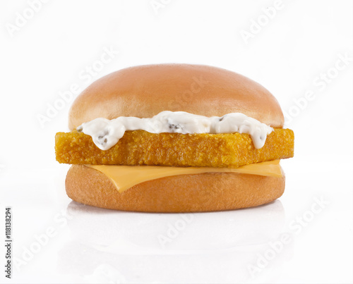 tasty burger with fish fillet on a white background