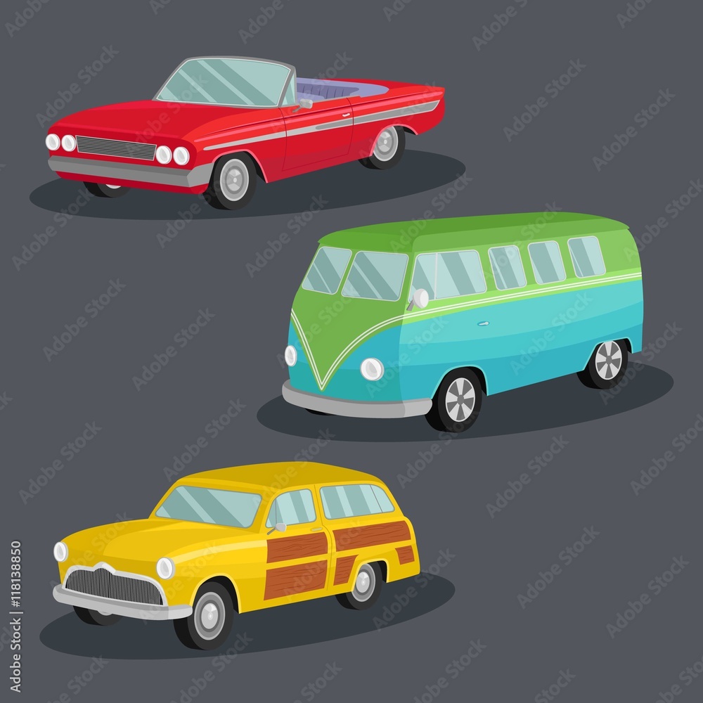Vector vintage cars image design set for illustration, postcards, labels, stickers and other design needs.