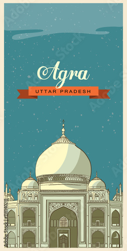 Travel to India poster, city of Agra in Uttar Pradesh province, featuring Taj Mahal landmark
