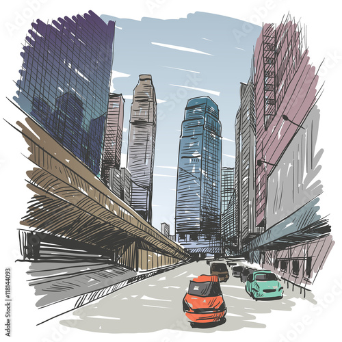 Hong Kong city unusual perspective hand drawn, vector illustration