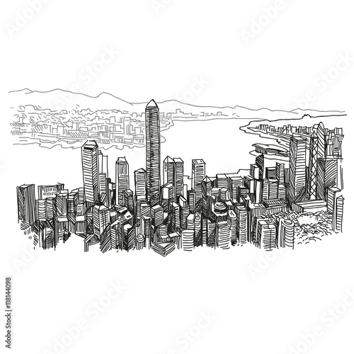 Hong Kong city unusual perspective hand drawn, vector illustration