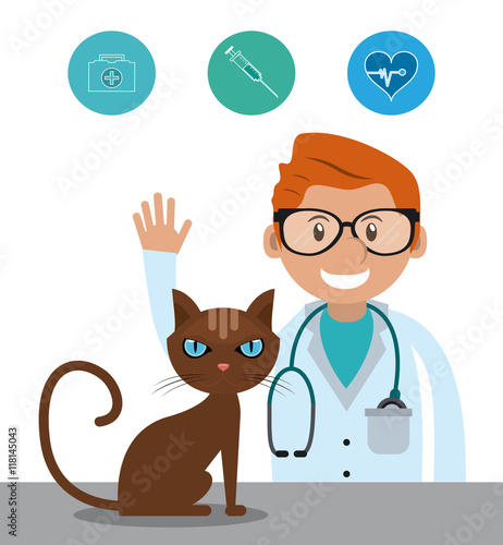 man cartoon cat stethoscope veterinarian pet clinic icon, vector illustration