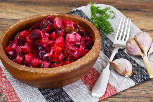 Healthy and Diet Food: Salad with Beets, Onions, Carrots  Vinaig