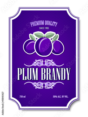 Premium quality plum brandy distillate label on white background