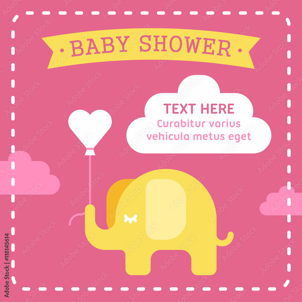 Baby shower invitation template with an elephant. Colored flat vector illustration on pink background.