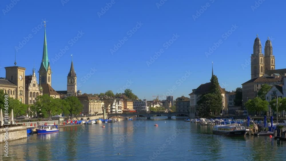 View of Zurich, Limmat river and the churches Frauenmunster, Grossmunster, and St. Peter, Switzerland, Europe View of Zurich, Limmat river and the churches Frauenmunster, Grossmunster, and St. Peter, Switzerland, Europe