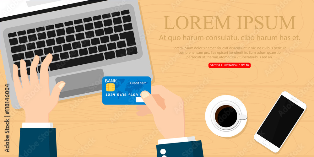 Hands holding credit card and using laptop. Online shopping. Vector illustration. Hands holding credit card and using laptop. Online shopping. Vector illustration.