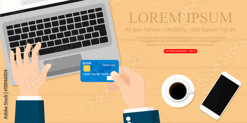 Hands holding credit card and using laptop. Online shopping. Vector illustration.