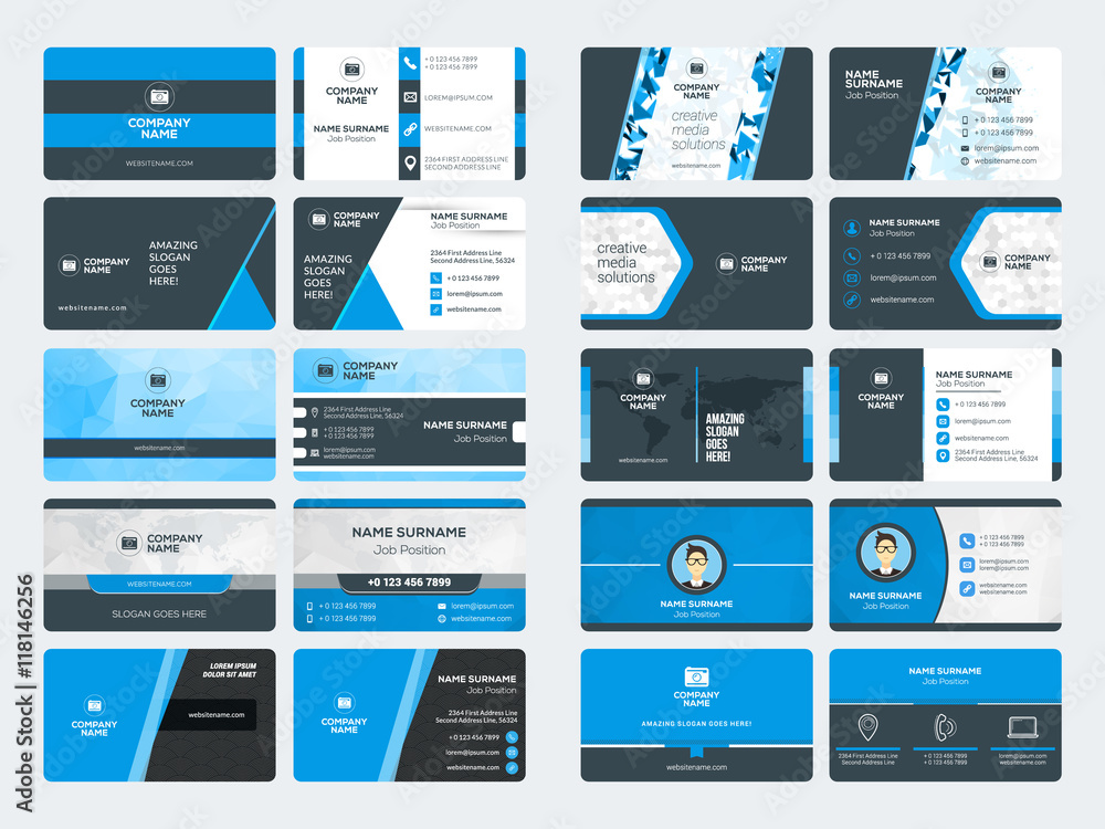 Set of modern creative business card templates. Blue and black colors. Flat style vector illustration. Stationery design Set of modern creative business card templates. Blue and black colors. Flat style vector illustration. Stationery design