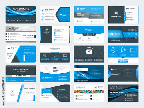 Set of modern creative business card templates. Blue and black colors. Flat style vector illustration. Stationery design