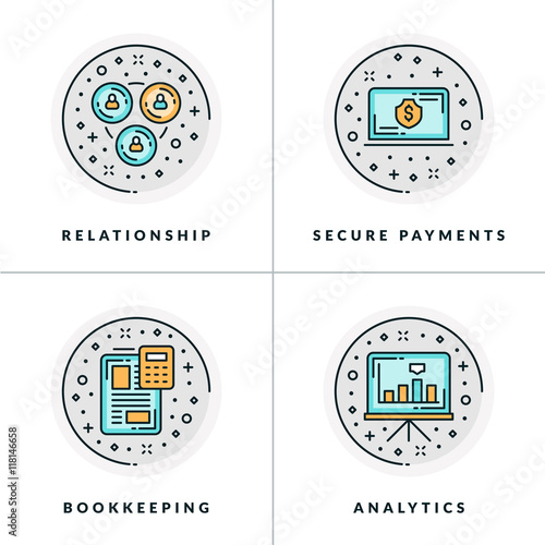 Business and Working. Set of four icons on relationship, secure payments,bookkeeping, analytics. Colored in gray, orange and blue flat vector illustrations.