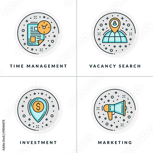 Business and Working. Set of four icons on time management, vacancy search, investment, marketing. Colored in gray, orange and blue flat vector illustrations.