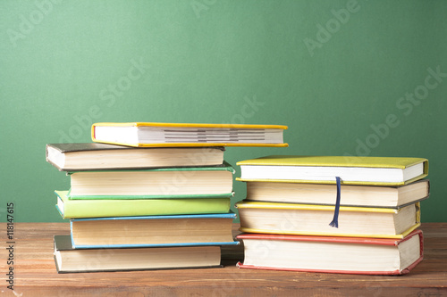 Stack of colorful books. Education background. Back to school. Copy space for text.