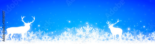 Winter banner, blue Christmas border with reindeer and snow