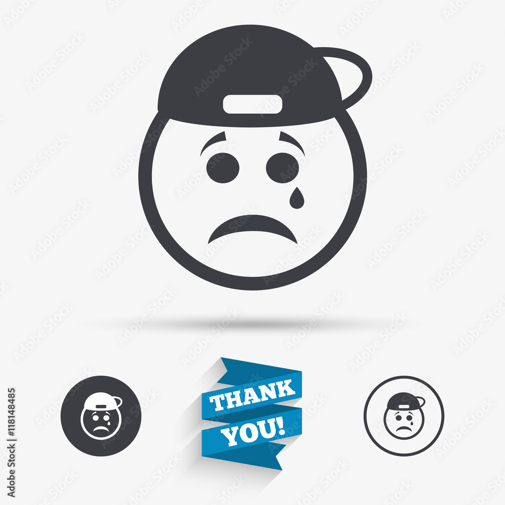 Sad rapper face with tear icon. Crying symbol. Sad rapper face with tear icon. Crying symbol.