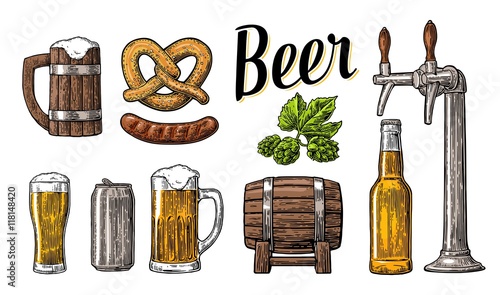 Beer set with tap, class, can, bottle, barrel, sausage, pretzel and hop. Vintage vector engraving illustration for web, poster.
