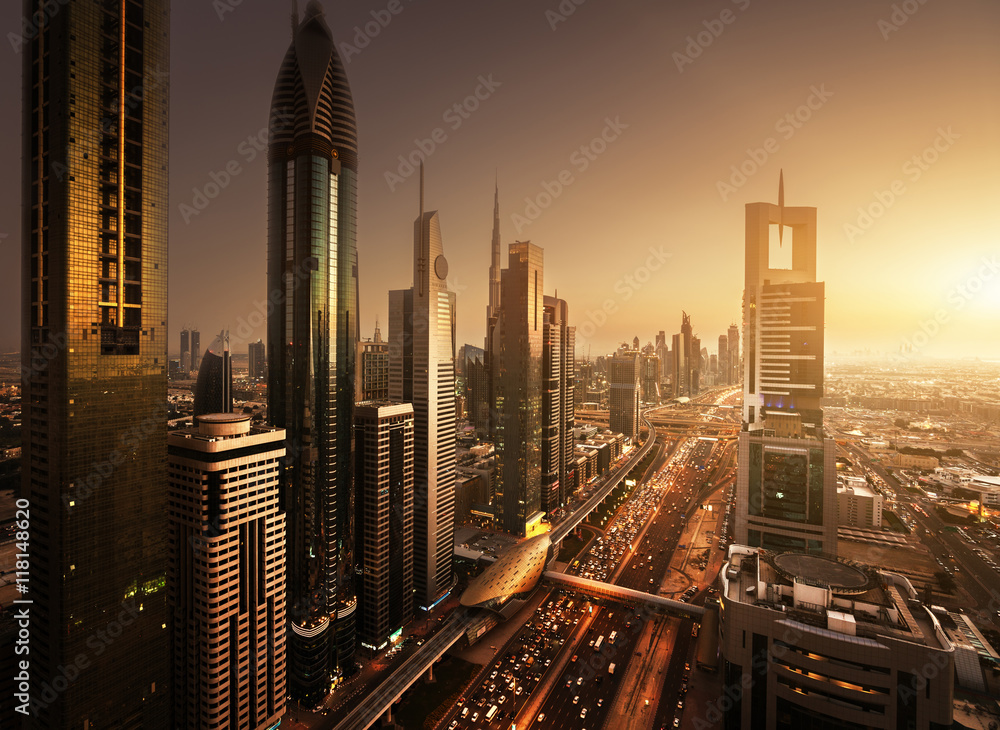 Naklejka premium Dubai skyline in sunset time, United Arab Emirates