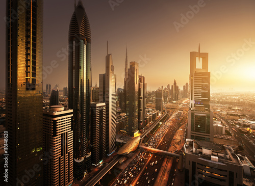 Dubai skyline in sunset time  United Arab Emirates