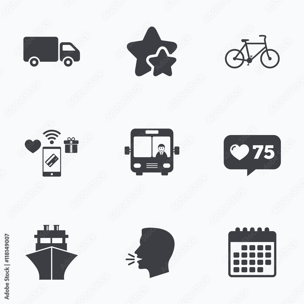 Transport icons. Truck, Bicycle, Bus and Ship. Transport icons. Truck, Bicycle, Bus and Ship.