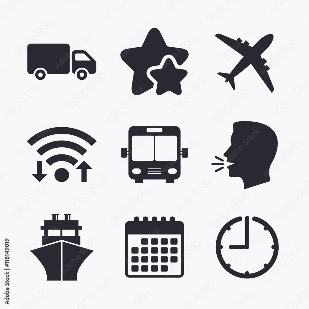 Transport icons. Truck, Airplane, Bus and Ship. Transport icons. Truck, Airplane, Bus and Ship.