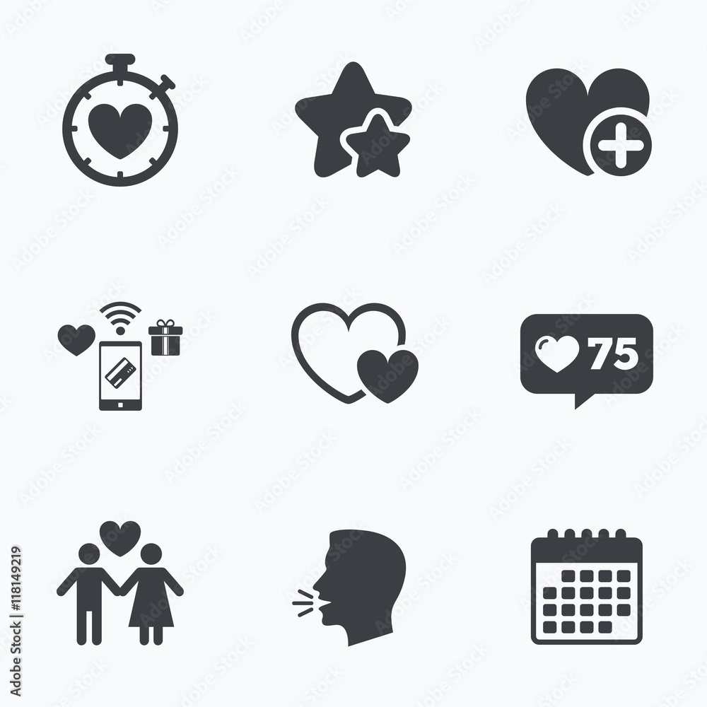 Valentine day icons. Love heart timer sign. Valentine day icons. Love heart timer sign.