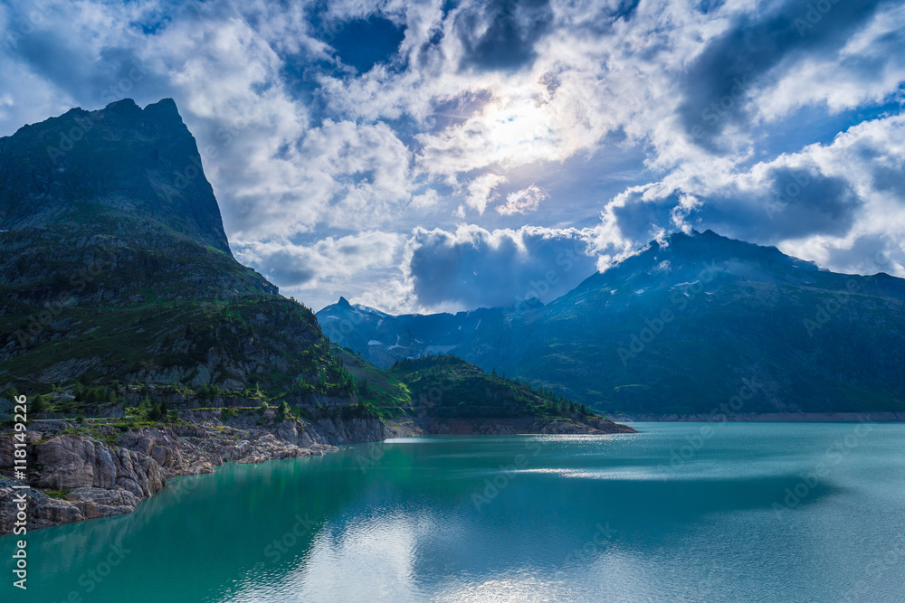 Lake Emosson and Grand Perron mountain peak seen near Finhaut, Switzerland Lake Emosson and Grand Perron mountain peak seen near Finhaut, Switzerland