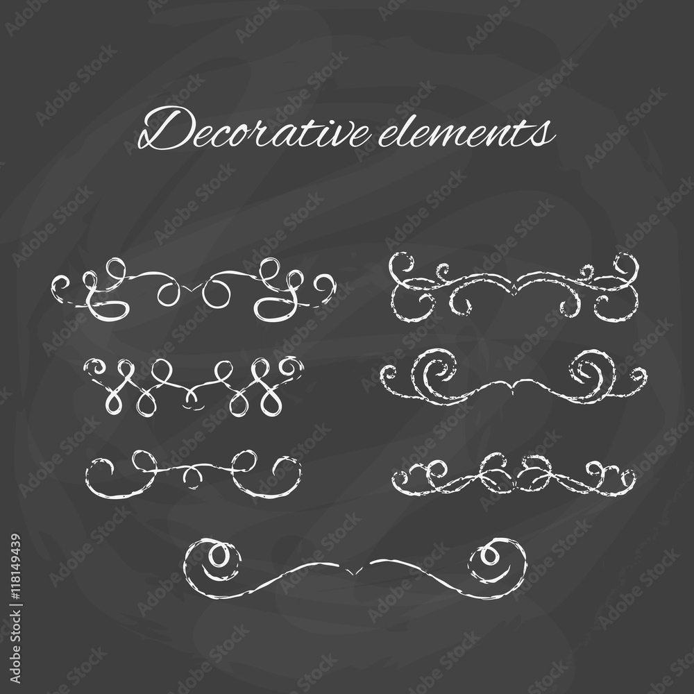 Dividers set. Chalk divider on blackboard. Hand drawn illustration. Ornamental decorative elements.