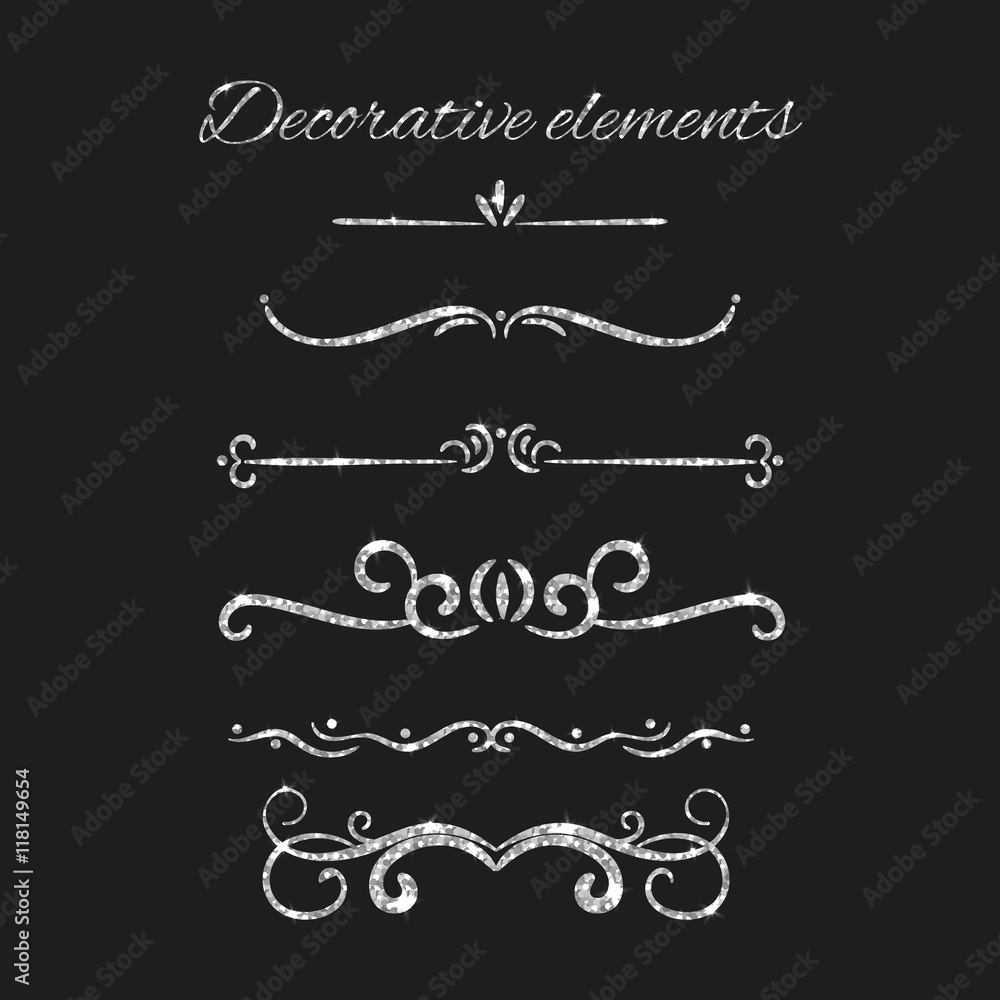 Silver text dividers set. Ornamental decorative elements. Vector ornate elements design. Silvery flourishes. Shiny decorative hand drawn borders with glitter effect. Silver text dividers set. Ornamental decorative elements. Vector ornate elements design. Silvery flourishes. Shiny decorative hand drawn borders with glitter effect.