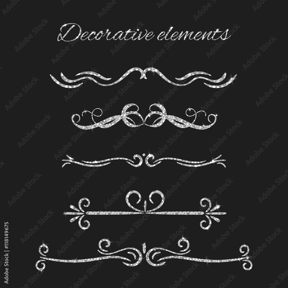 Silver text dividers set. Ornamental decorative elements. Vector ornate elements design. Silvery flourishes. Shiny decorative hand drawn borders with glitter effect.