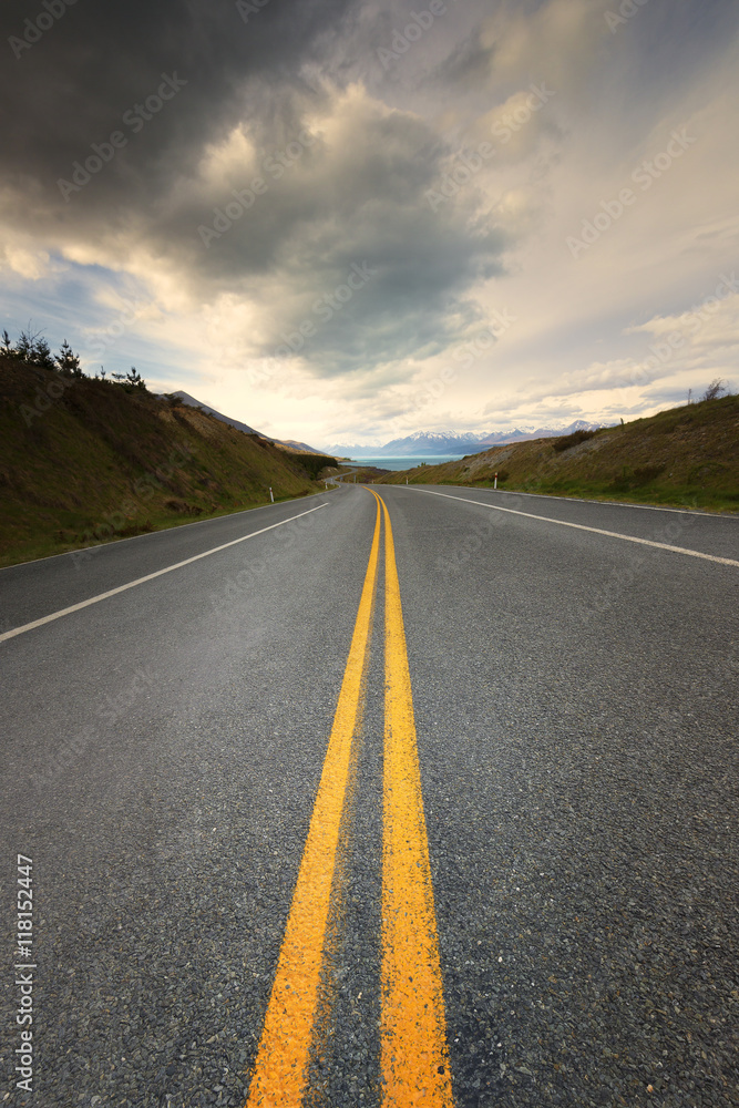 Beautiful road constructed along side Lake Pukaki, New Zealand. Beautiful road constructed along side Lake Pukaki, New Zealand.