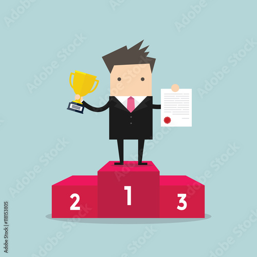 Businessman proudly standing on the winning podium holding up winning trophy and showing an award certificate. vector