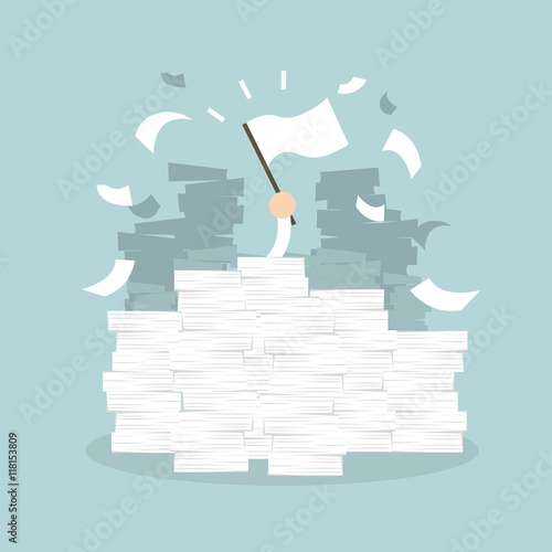 Businessman hand with white flag. Office desk loaded of paperwork , invoices and a lot of papers, documents. vector