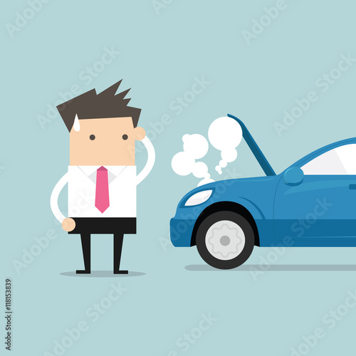 Businessman have a force majeure, a car broke down. vector