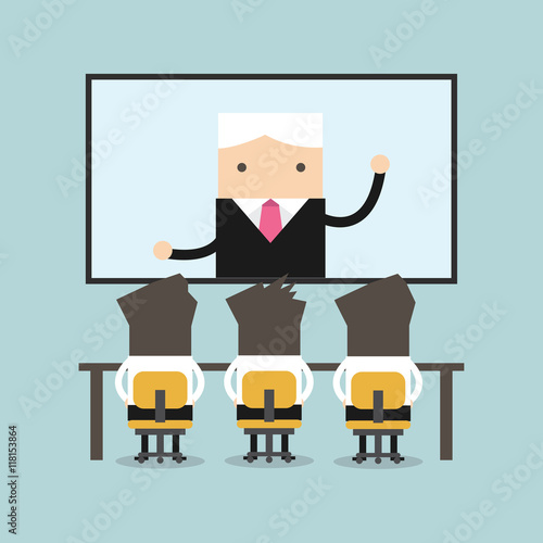 Businessmen sitting on chair, boss speaking from digital flat screen. Video conference flat vector.