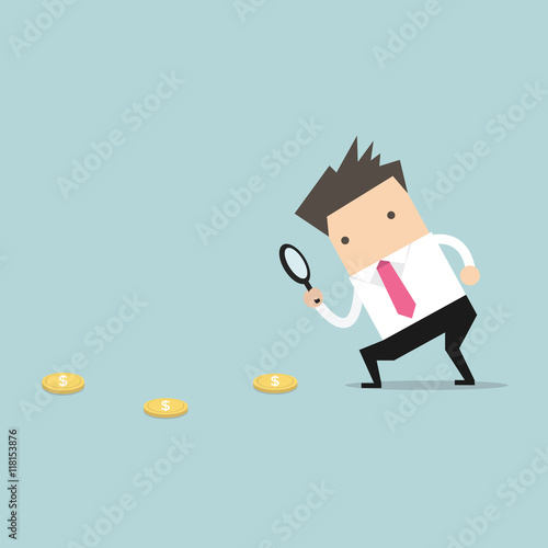 Businessman holding a magnifying glass follow dollar coins. vector