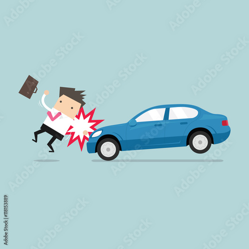 Businessman about to be hit by a car, Road Safety. vector