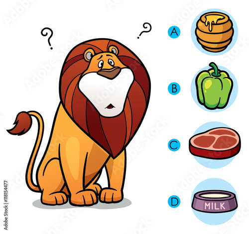 Vector Illustration of make the right choice connect animal with their food - Lion