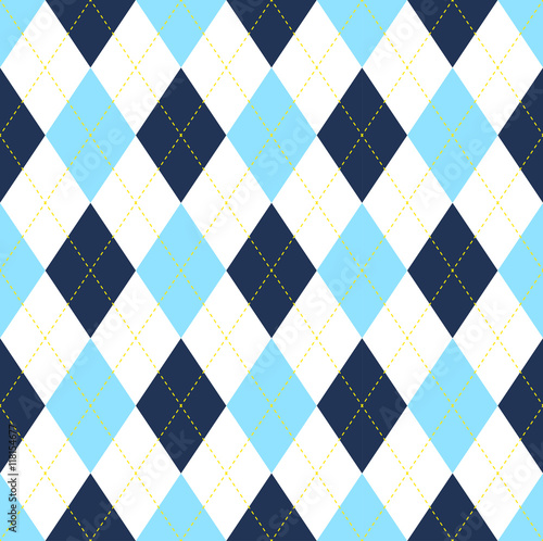 Seamless argyle pattern in dark blue, light blue & white with yellow stitch.  photo