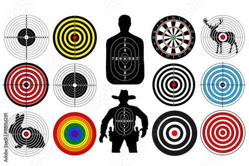 Big set of targets isolated animals people cowboy man. Targets for shooting. Darts board. vector