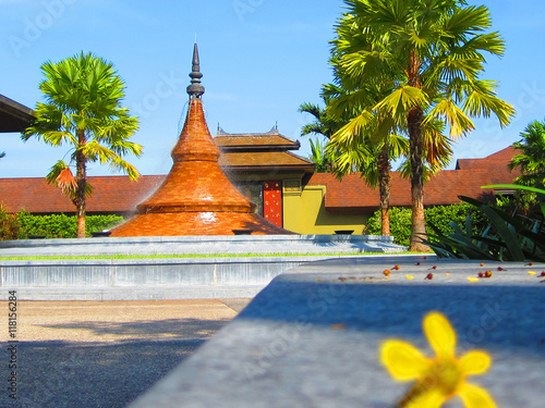 Yellow flower blur with a pagoda background. photo