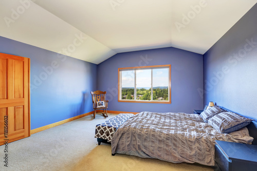 Spacious blue bedroom with vaulted ceiling