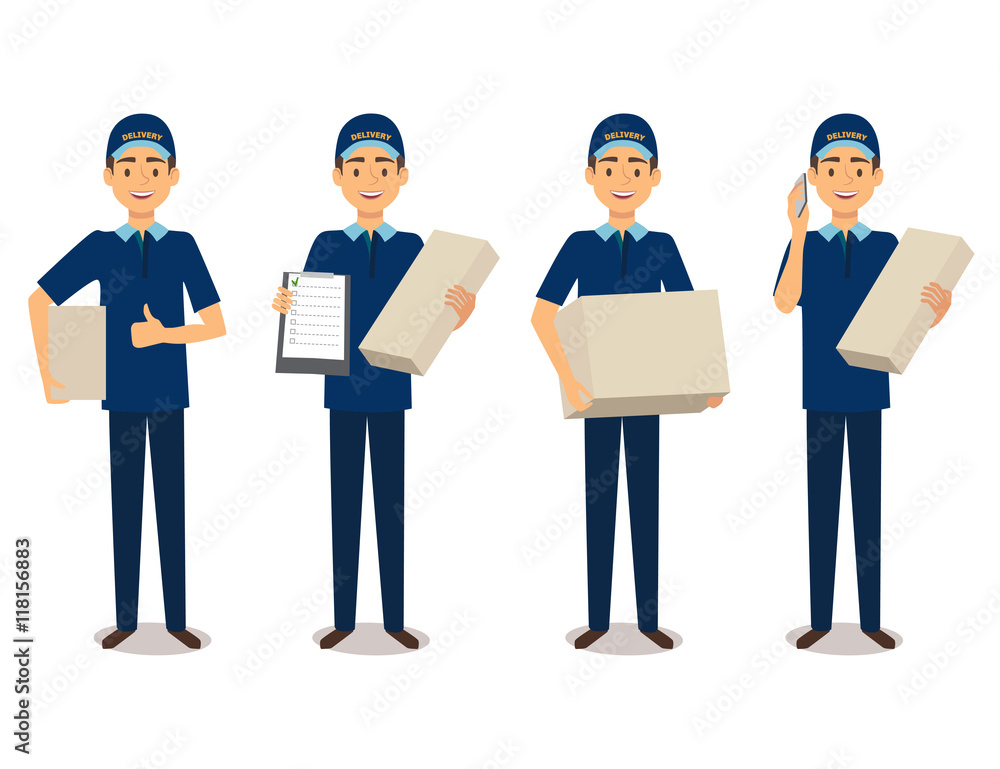 Full length portrait of delivery man in blue uniform holding box Full length portrait of delivery man in blue uniform holding box