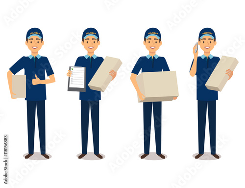 Full length portrait of delivery man in blue uniform holding box